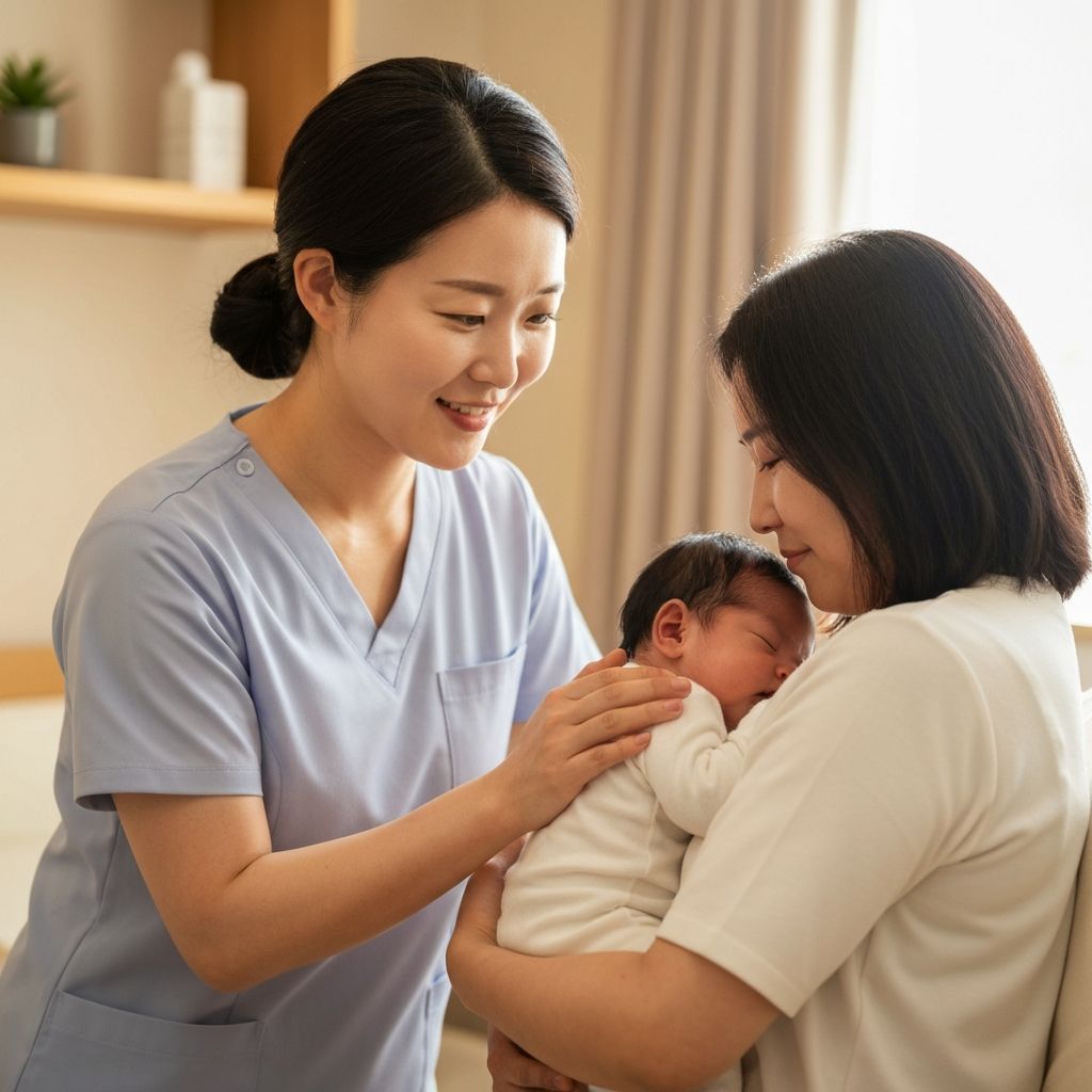 Professional postpartum care helper with mother and baby